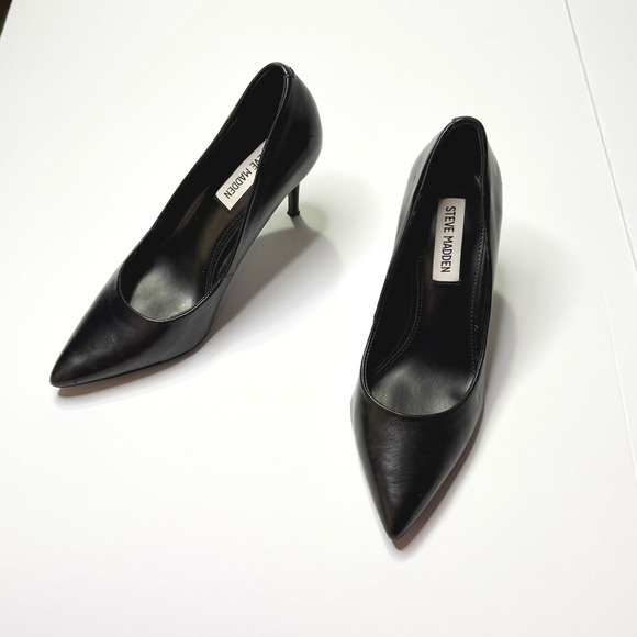 Steve Madden Pumps Luiza Black Leather Pointed Toe Stiletto Heels Size 5.5M - Picture 4 of 6